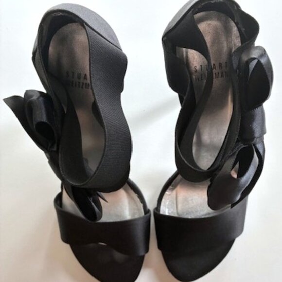 Stuart Weitzman Black Satin Bow Sandal with Elastic Bands | 4" Heel | Size 8.5 - Picture 9 of 16